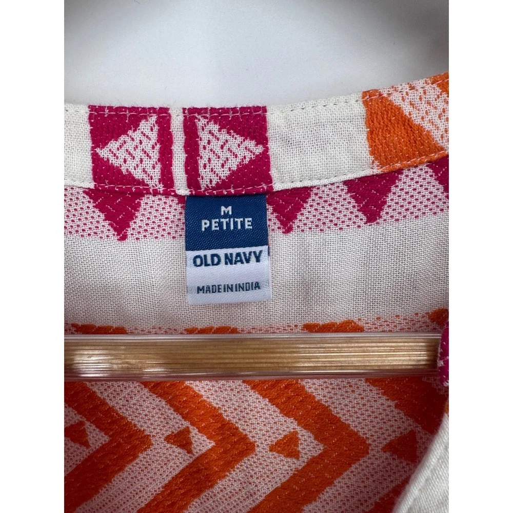 Old Navy Geometric Print Shirt Women M Petite Boho Embroidered Ethnic Festival